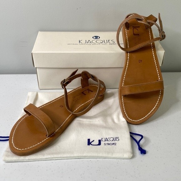 K.Jacques Laura Flat Sandals Pul Natural Handmade Leather Double-Strap - Picture 3 of 15
